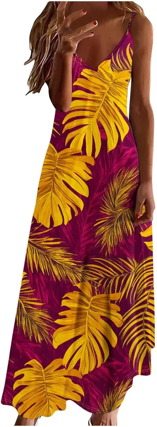 Women's Summer Maxi Dress 2025 Casual Spaghetti Straps V Neck Sundresses Boho Floral Print Beach Travel Cami Dresses