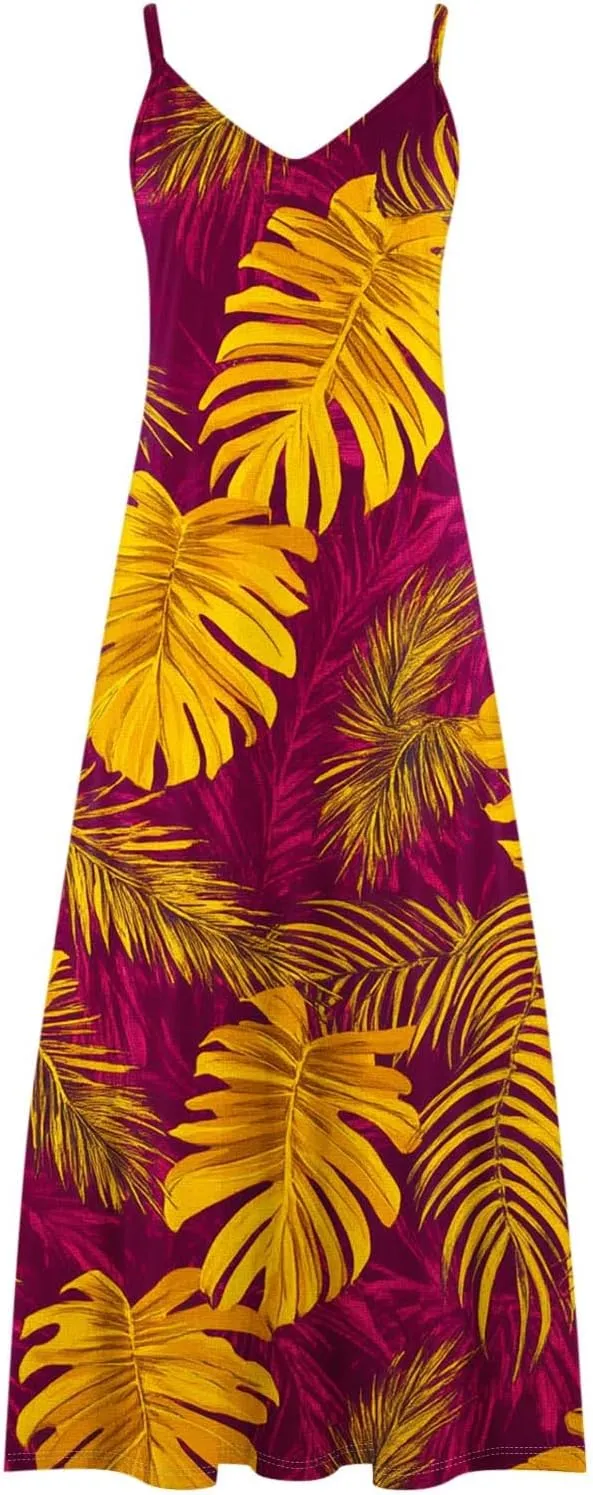 Women's Summer Maxi Dress 2025 Casual Spaghetti Straps V Neck Sundresses Boho Floral Print Beach Travel Cami Dresses