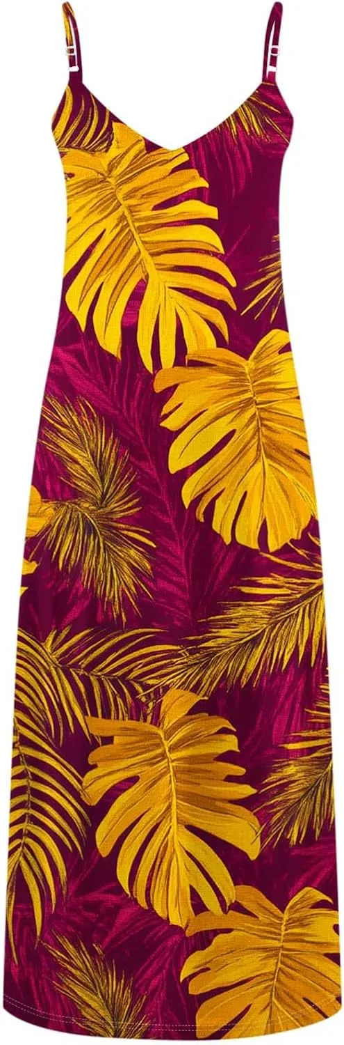 Women's Summer Maxi Dress 2025 Casual Spaghetti Straps V Neck Sundresses Boho Floral Print Beach Travel Cami Dresses