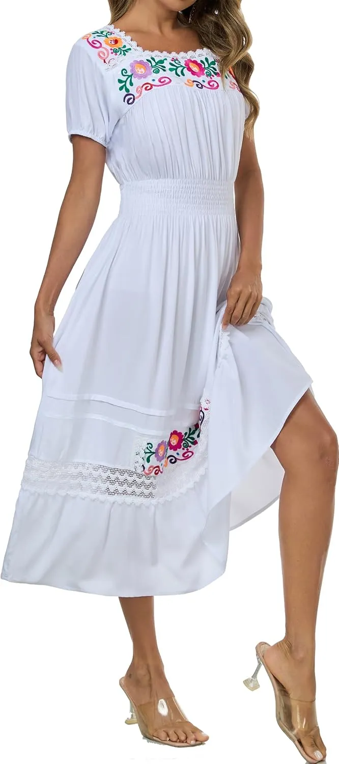 Women's Summer Maxi Dress Casual Floral Embroidered Round Neck Short Sleeve Ruffle Tiered Dress Flowy Boho Beach Sundress