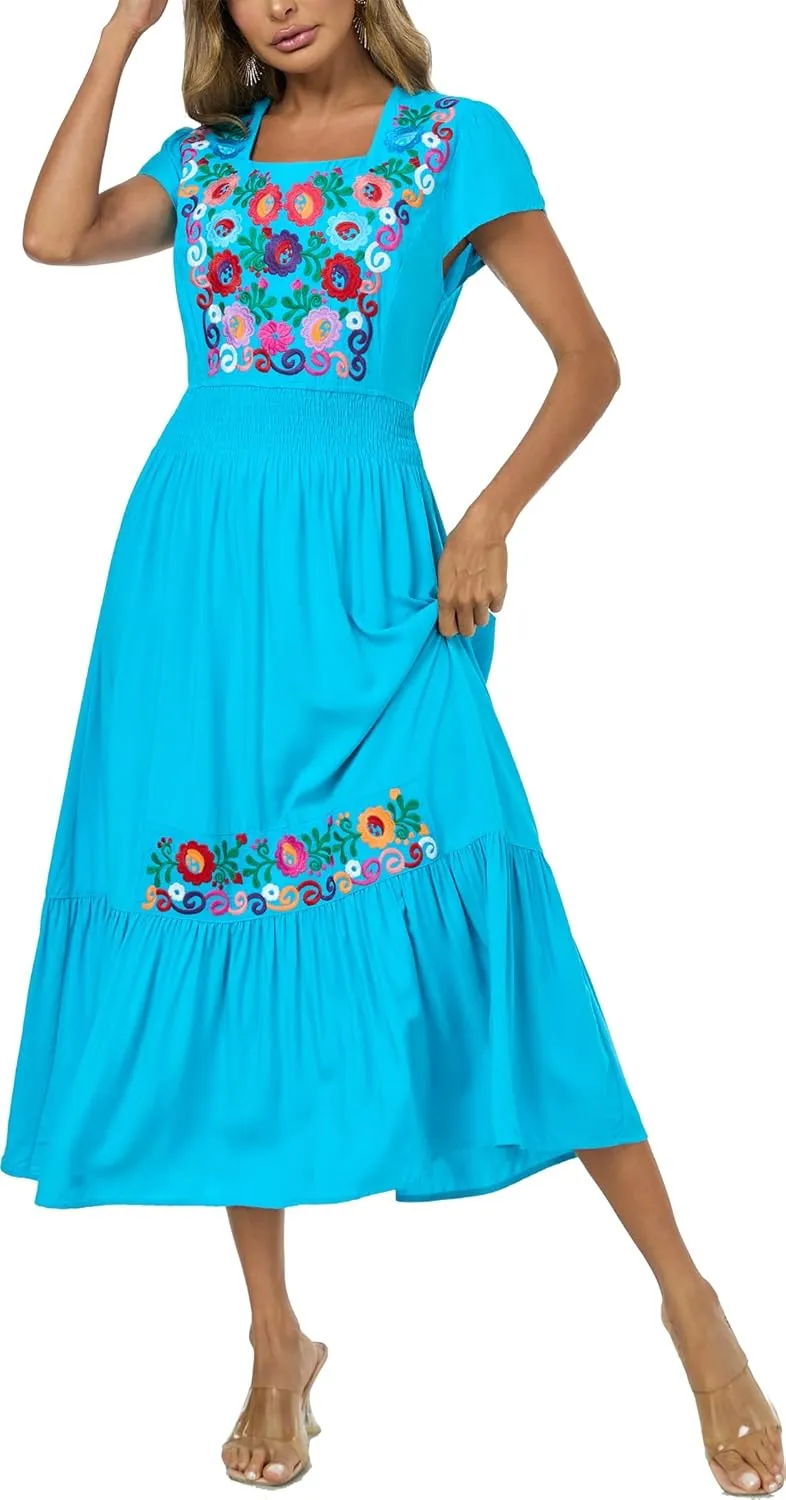 Women's Summer Maxi Dress Casual Floral Embroidered Round Neck Short Sleeve Ruffle Tiered Dress Flowy Boho Beach Sundress