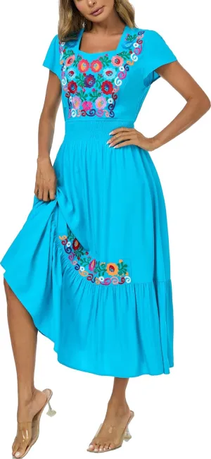 Women's Summer Maxi Dress Casual Floral Embroidered Round Neck Short Sleeve Ruffle Tiered Dress Flowy Boho Beach Sundress