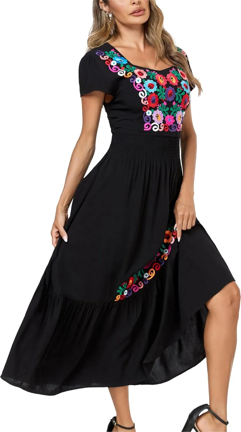 Women's Summer Maxi Dress Casual Floral Embroidered Round Neck Short Sleeve Ruffle Tiered Dress Flowy Boho Beach Sundress