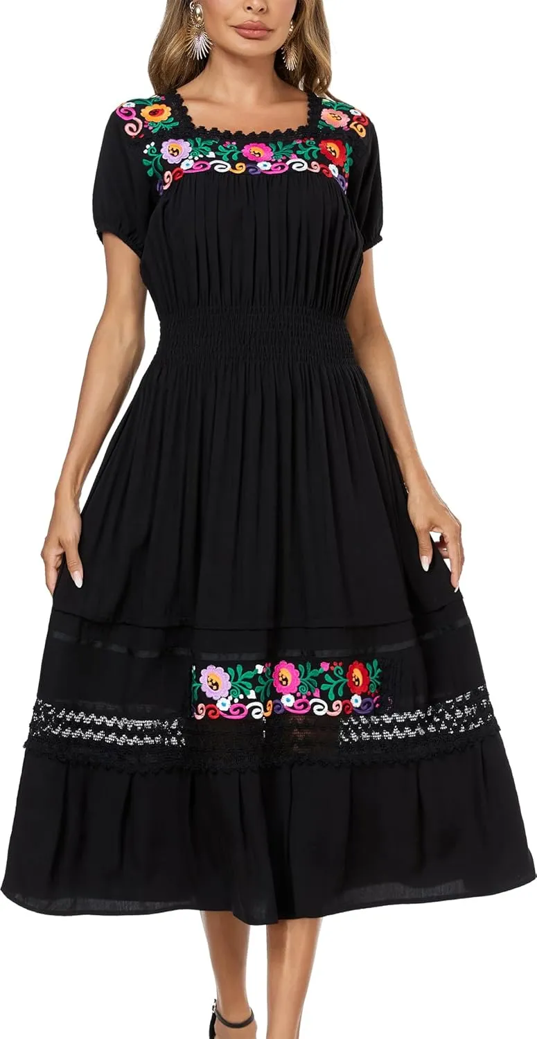 Women's Summer Maxi Dress Casual Floral Embroidered Round Neck Short Sleeve Ruffle Tiered Dress Flowy Boho Beach Sundress