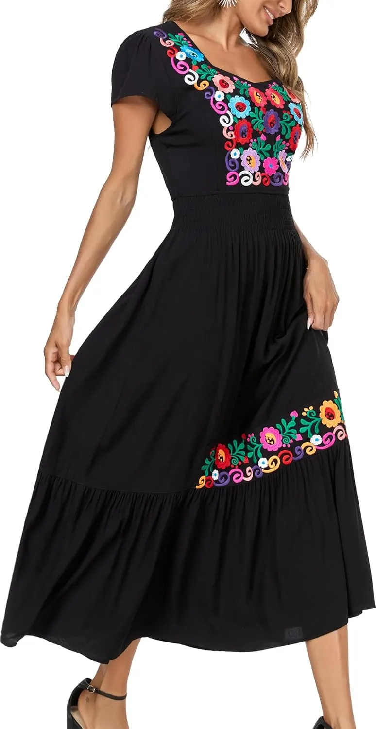 Women's Summer Maxi Dress Casual Floral Embroidered Round Neck Short Sleeve Ruffle Tiered Dress Flowy Boho Beach Sundress