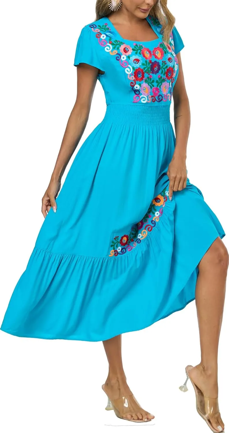 Women's Summer Maxi Dress Casual Floral Embroidered Round Neck Short Sleeve Ruffle Tiered Dress Flowy Boho Beach Sundress