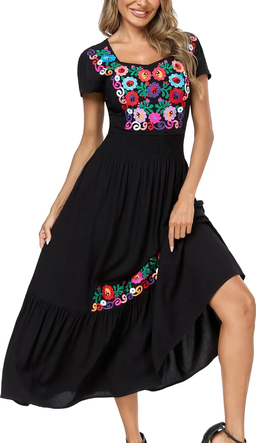 Women's Summer Maxi Dress Casual Floral Embroidered Round Neck Short Sleeve Ruffle Tiered Dress Flowy Boho Beach Sundress