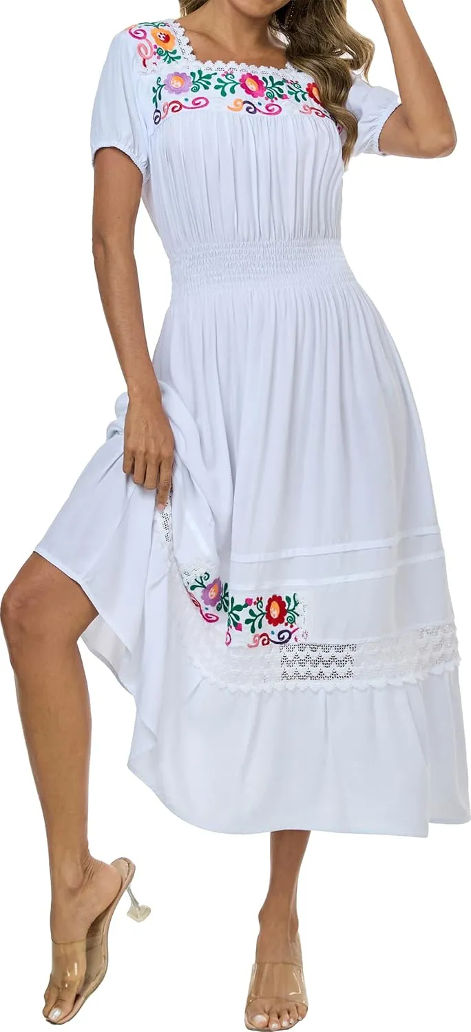 Women's Summer Maxi Dress Casual Floral Embroidered Round Neck Short Sleeve Ruffle Tiered Dress Flowy Boho Beach Sundress