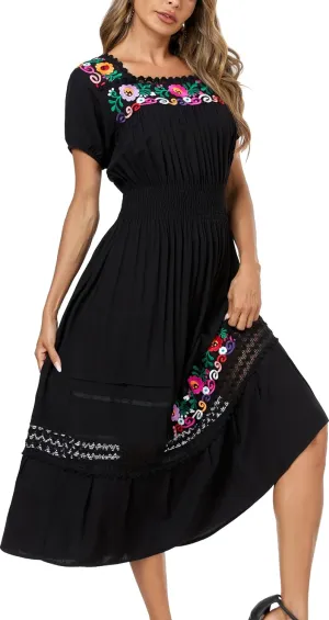 Women's Summer Maxi Dress Casual Floral Embroidered Round Neck Short Sleeve Ruffle Tiered Dress Flowy Boho Beach Sundress