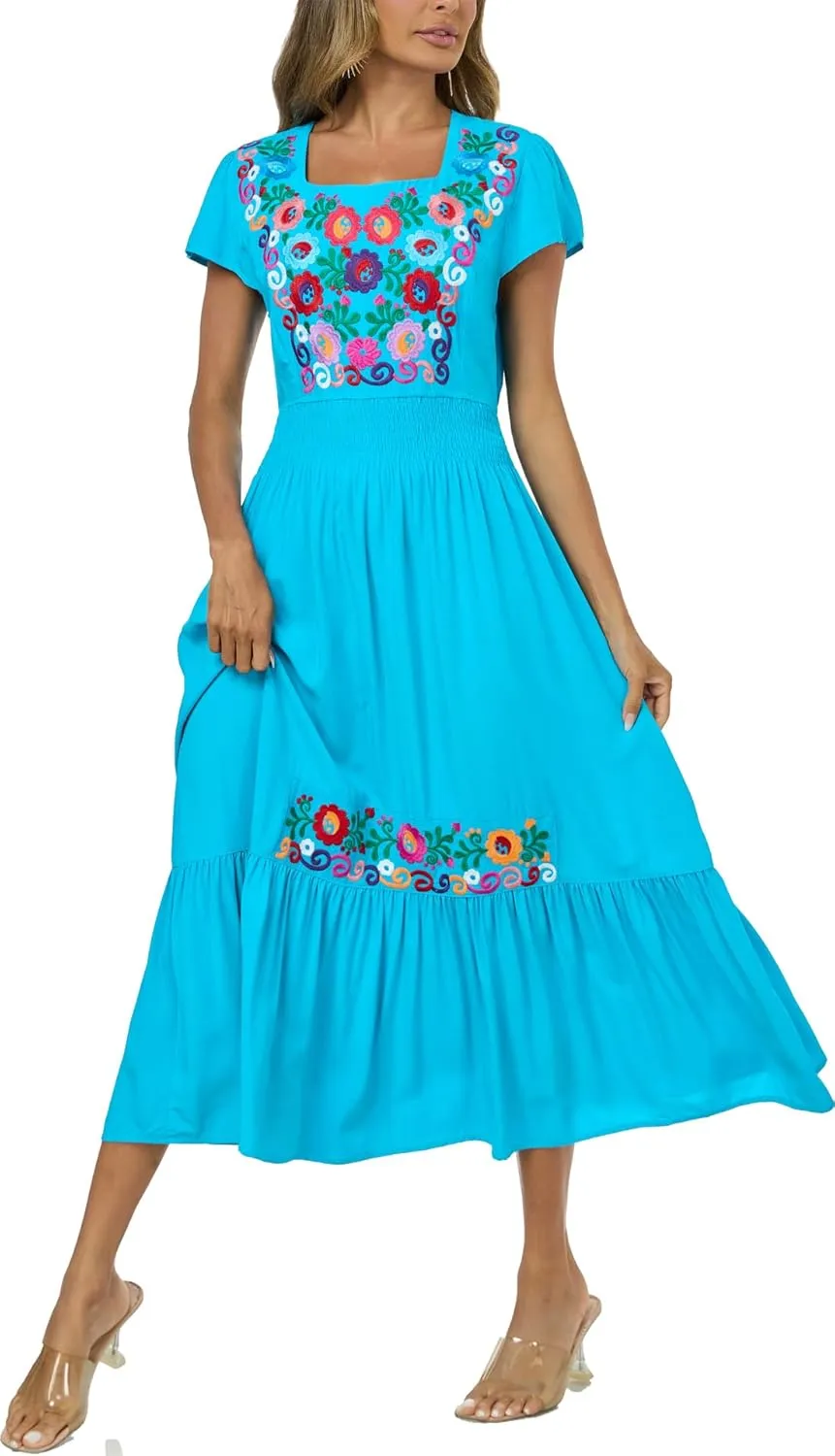 Women's Summer Maxi Dress Casual Floral Embroidered Round Neck Short Sleeve Ruffle Tiered Dress Flowy Boho Beach Sundress