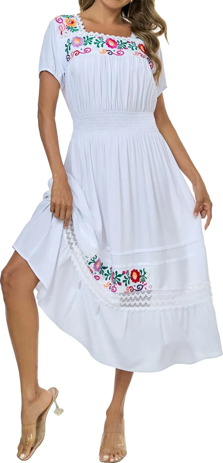 Women's Summer Maxi Dress Casual Floral Embroidered Round Neck Short Sleeve Ruffle Tiered Dress Flowy Boho Beach Sundress