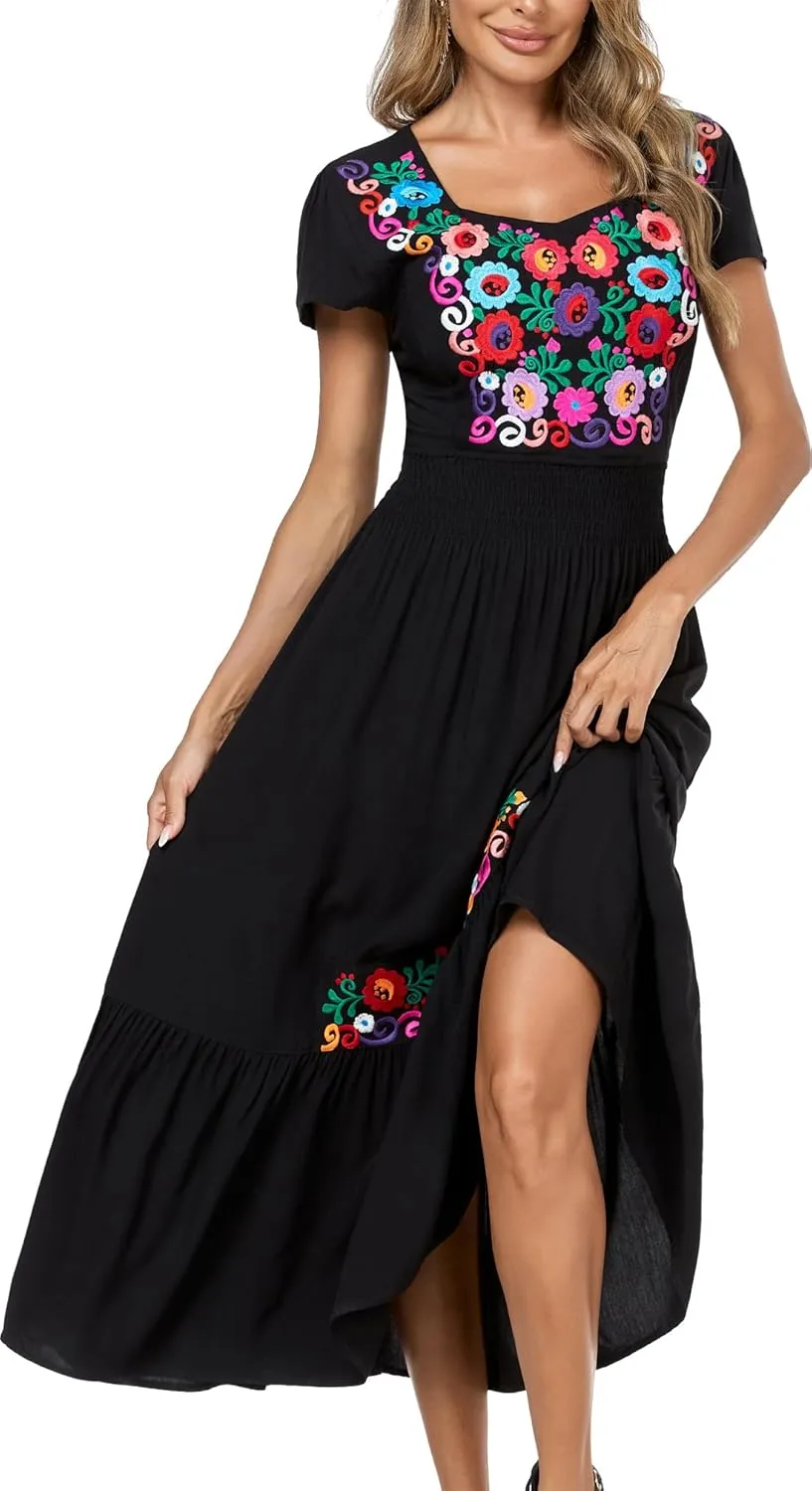 Women's Summer Maxi Dress Casual Floral Embroidered Round Neck Short Sleeve Ruffle Tiered Dress Flowy Boho Beach Sundress
