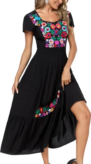 Women's Summer Maxi Dress Casual Floral Embroidered Round Neck Short Sleeve Ruffle Tiered Dress Flowy Boho Beach Sundress