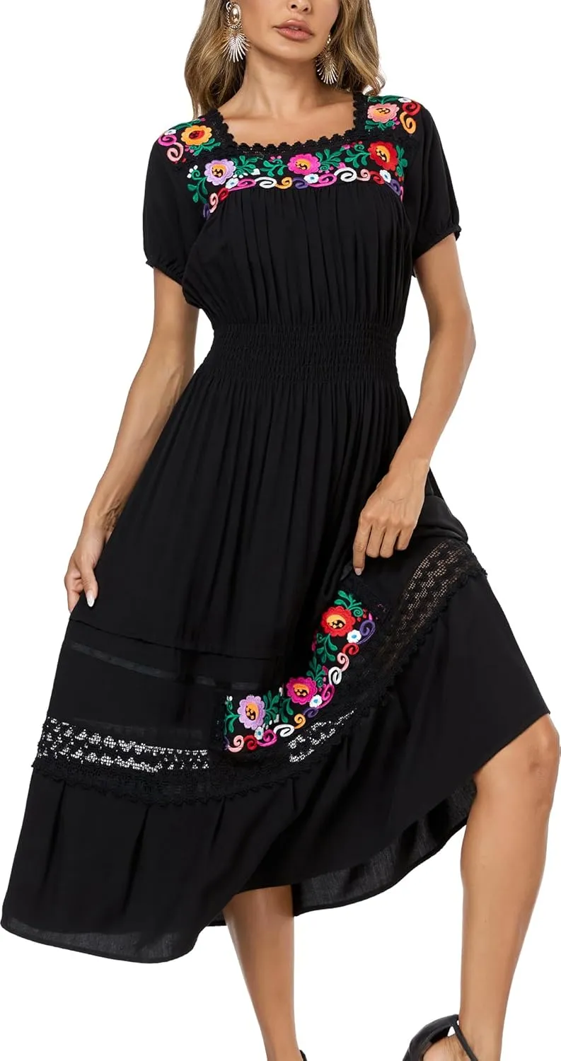 Women's Summer Maxi Dress Casual Floral Embroidered Round Neck Short Sleeve Ruffle Tiered Dress Flowy Boho Beach Sundress