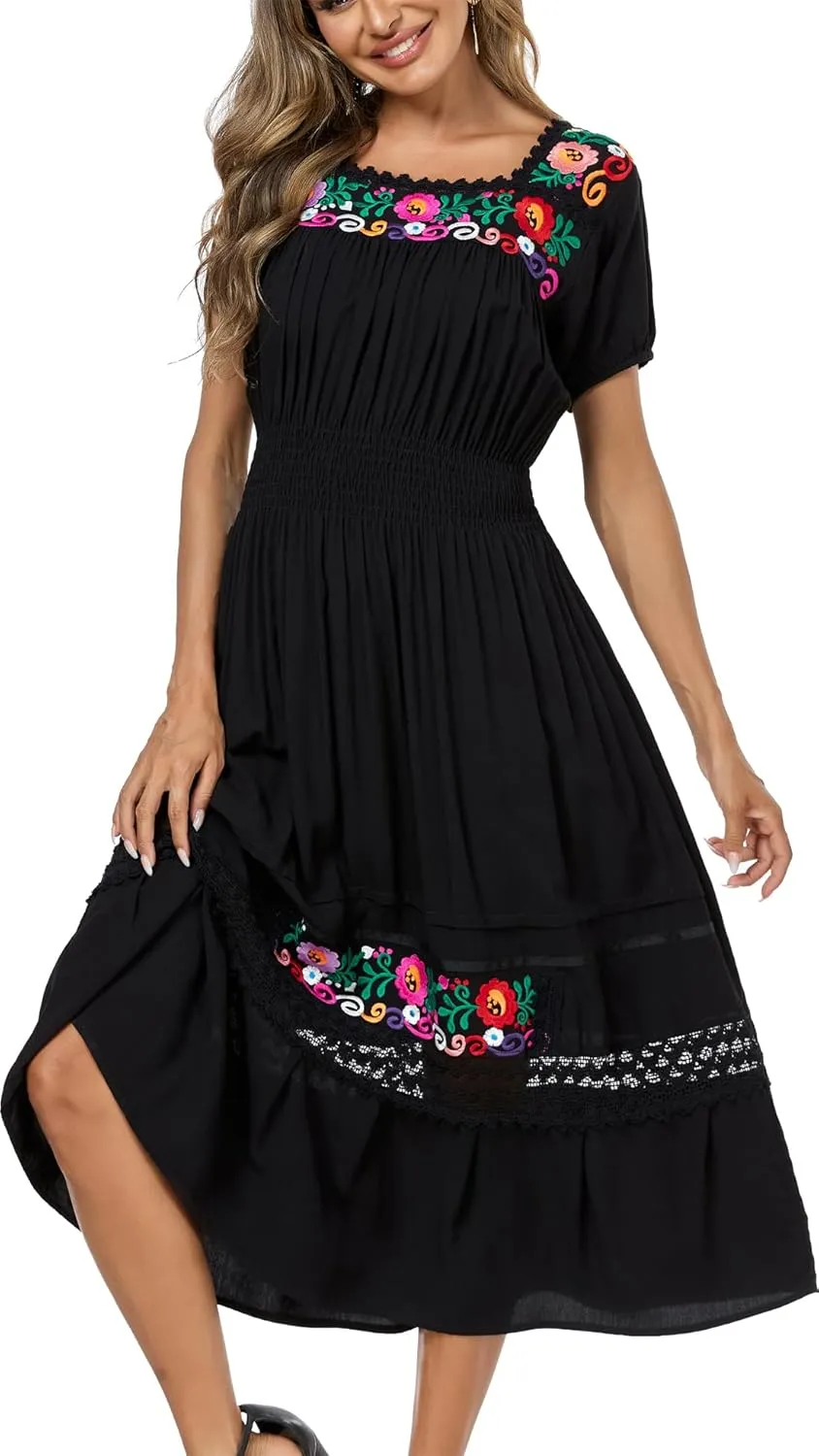 Women's Summer Maxi Dress Casual Floral Embroidered Round Neck Short Sleeve Ruffle Tiered Dress Flowy Boho Beach Sundress