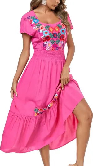 Women's Summer Maxi Dress Casual Floral Embroidered Round Neck Short Sleeve Ruffle Tiered Dress Flowy Boho Beach Sundress