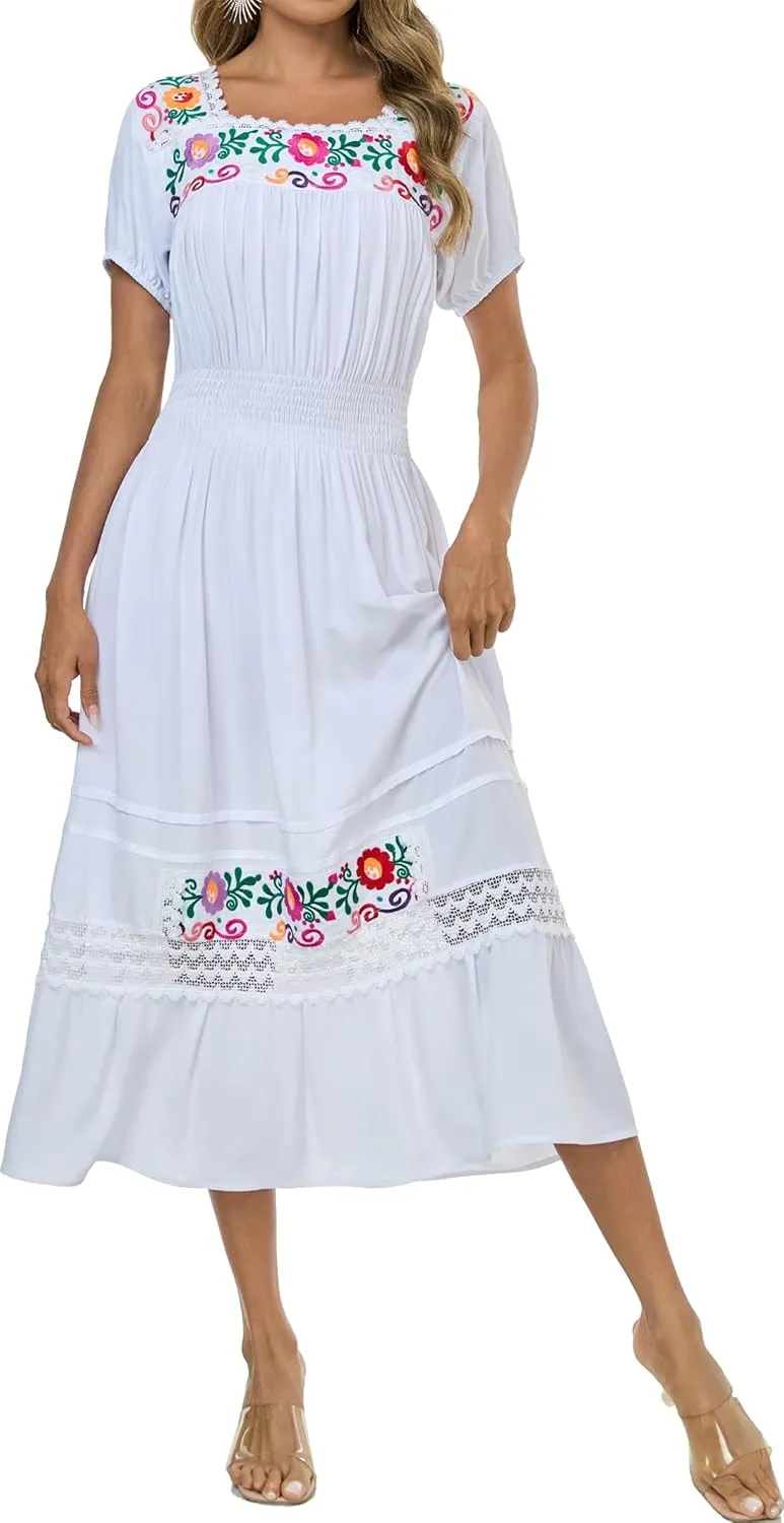 Women's Summer Maxi Dress Casual Floral Embroidered Round Neck Short Sleeve Ruffle Tiered Dress Flowy Boho Beach Sundress