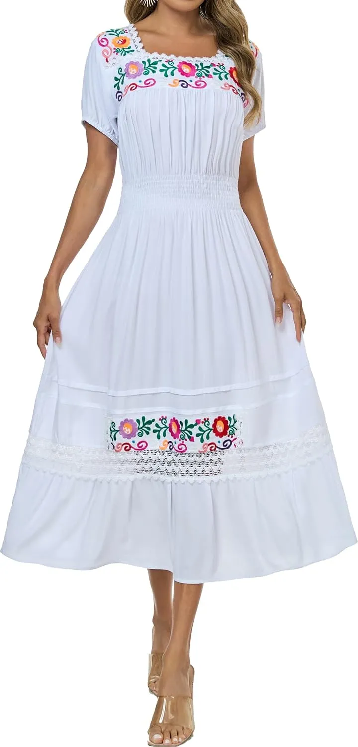 Women's Summer Maxi Dress Casual Floral Embroidered Round Neck Short Sleeve Ruffle Tiered Dress Flowy Boho Beach Sundress