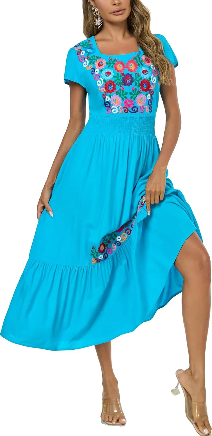 Women's Summer Maxi Dress Casual Floral Embroidered Round Neck Short Sleeve Ruffle Tiered Dress Flowy Boho Beach Sundress