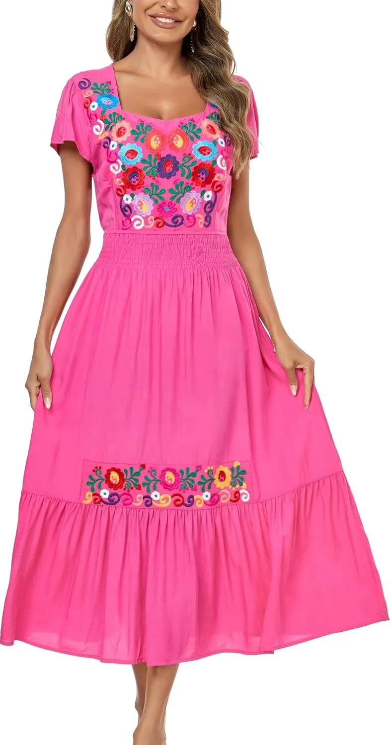 Women's Summer Maxi Dress Casual Floral Embroidered Round Neck Short Sleeve Ruffle Tiered Dress Flowy Boho Beach Sundress