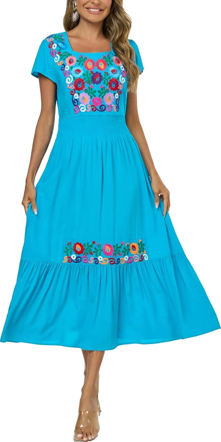Women's Summer Maxi Dress Casual Floral Embroidered Round Neck Short Sleeve Ruffle Tiered Dress Flowy Boho Beach Sundress