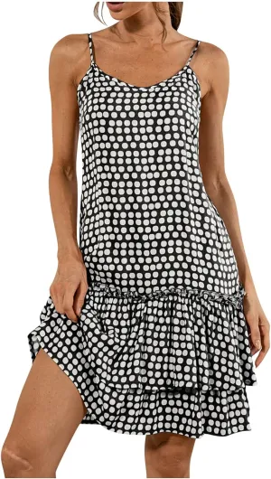 Women's Summer Sleeveless Dress Boho Floral Print Spaghetti Strap Mini Dresses Casual Flowy Ruffle A-Line Beach Sundress
