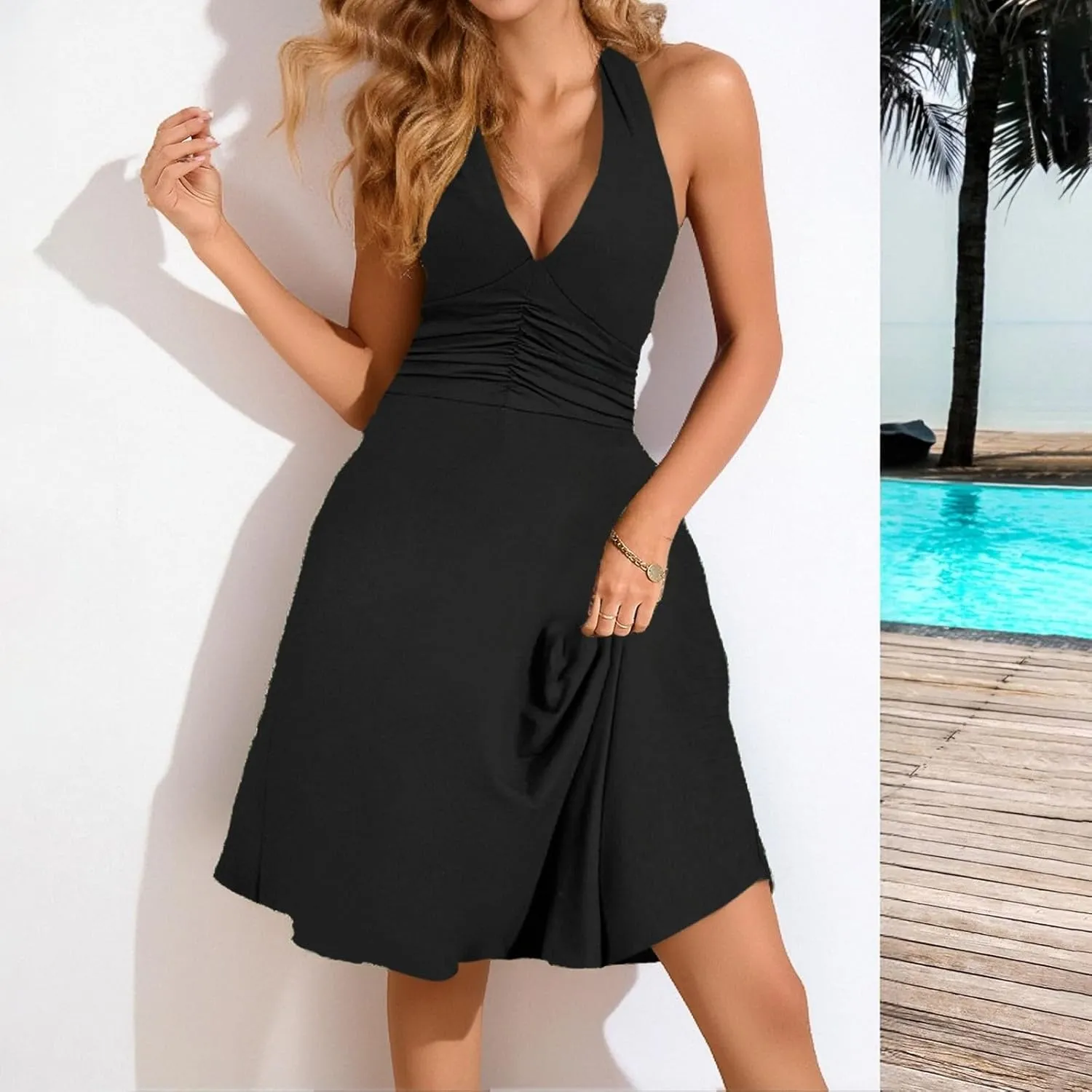 Women's Summer Sleeveless Sundress Sexy Wrap Halter V Neck 2025 Spring Floral Elastic Waist Ruffle Mini Dress Beach Vacation