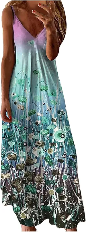 Women's Summer Spaghetti Strap Elegant Long Dresses Plus Size Vacation Flowy Beach Sundress Loose Floor Length