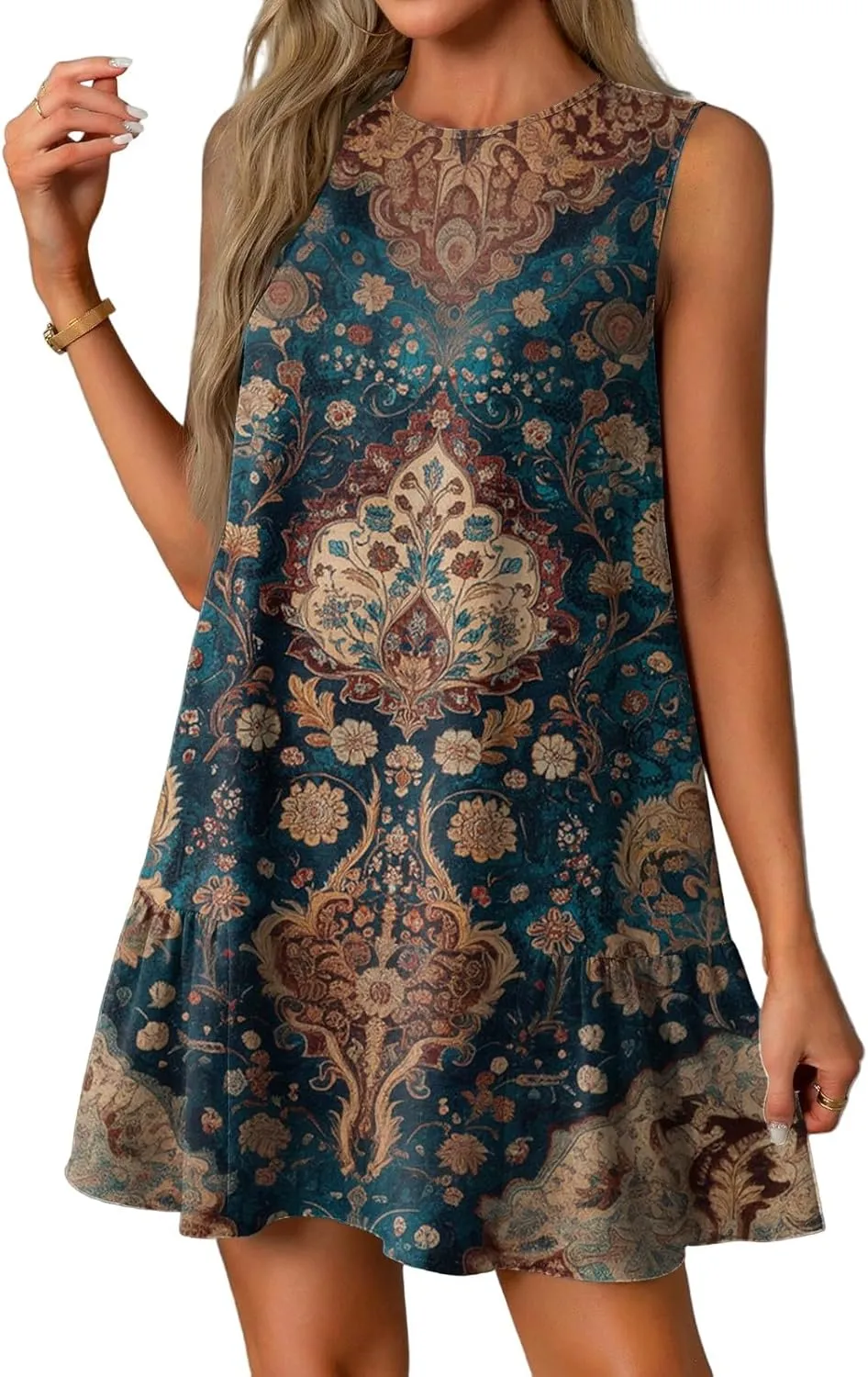 Women's Summer Tank Dress with Pockets, Loose Ruffle Sleeveless Crew Neck Casual Mini Beach Vacation Sundresses
