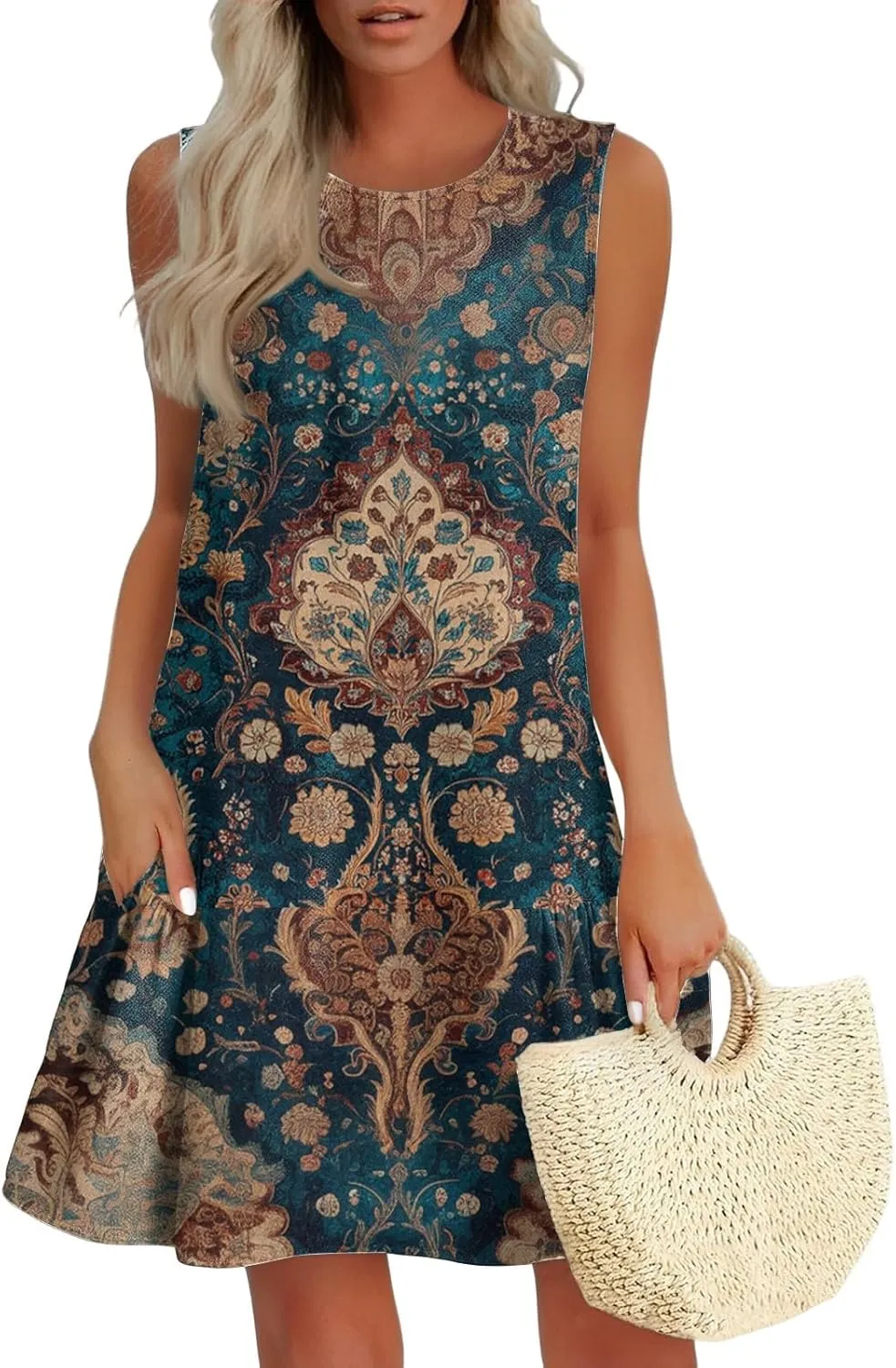 Women's Summer Tank Dress with Pockets, Loose Ruffle Sleeveless Crew Neck Casual Mini Beach Vacation Sundresses