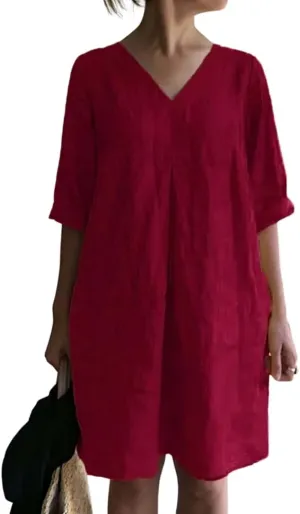 Women's Summer V Neck Cotton Linen Midi Dress Casual Loose Plus Size 3/4 Sleeve Knee Length Shift Cover Up Dresses