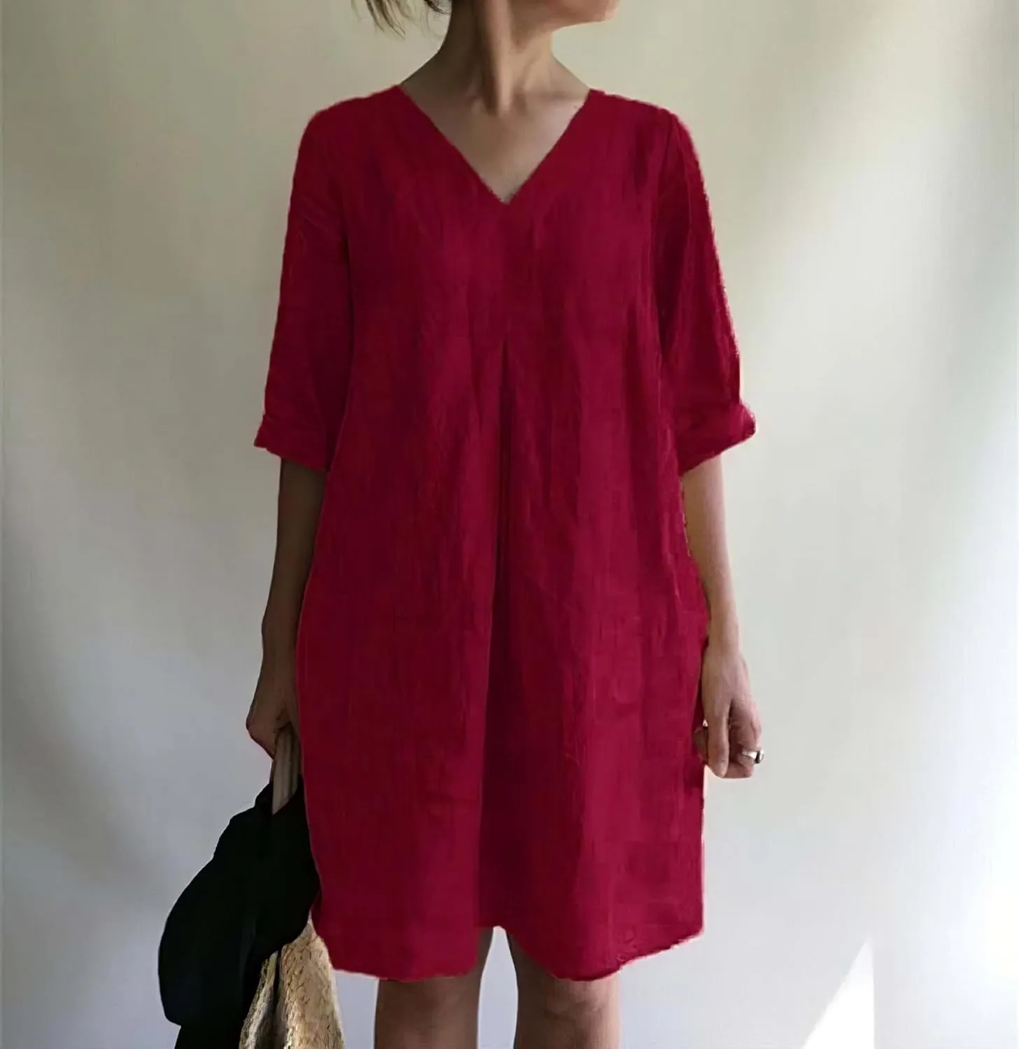 Women's Summer V Neck Cotton Linen Midi Dress Casual Loose Plus Size 3/4 Sleeve Knee Length Shift Cover Up Dresses