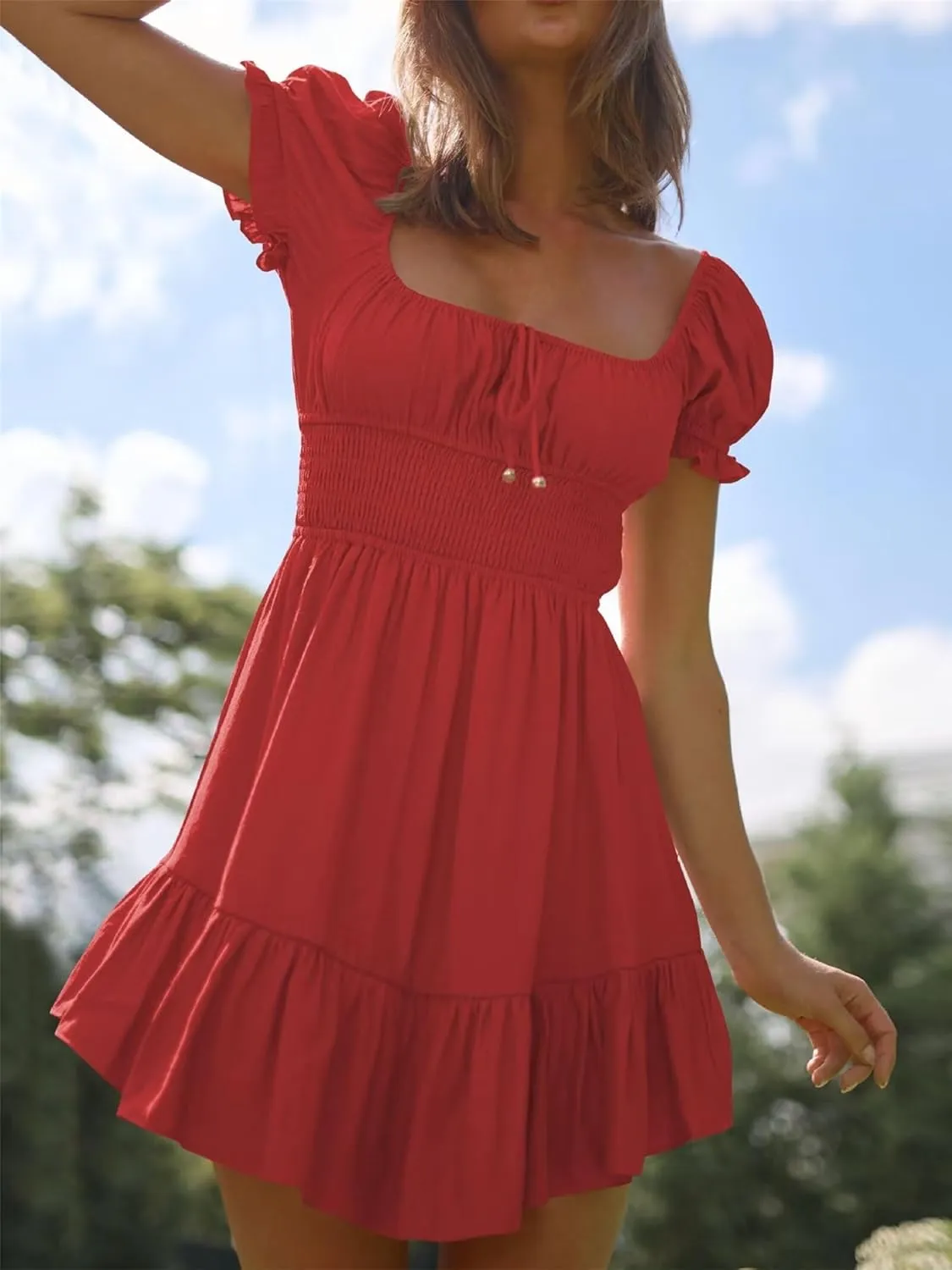 Womens Summer Vaction Travel Dress Square Neck Ruffle A Line Swing Mini Dress Puff Sleeve Tie Waist Short Dresses