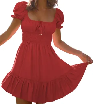 Womens Summer Vaction Travel Dress Square Neck Ruffle A Line Swing Mini Dress Puff Sleeve Tie Waist Short Dresses