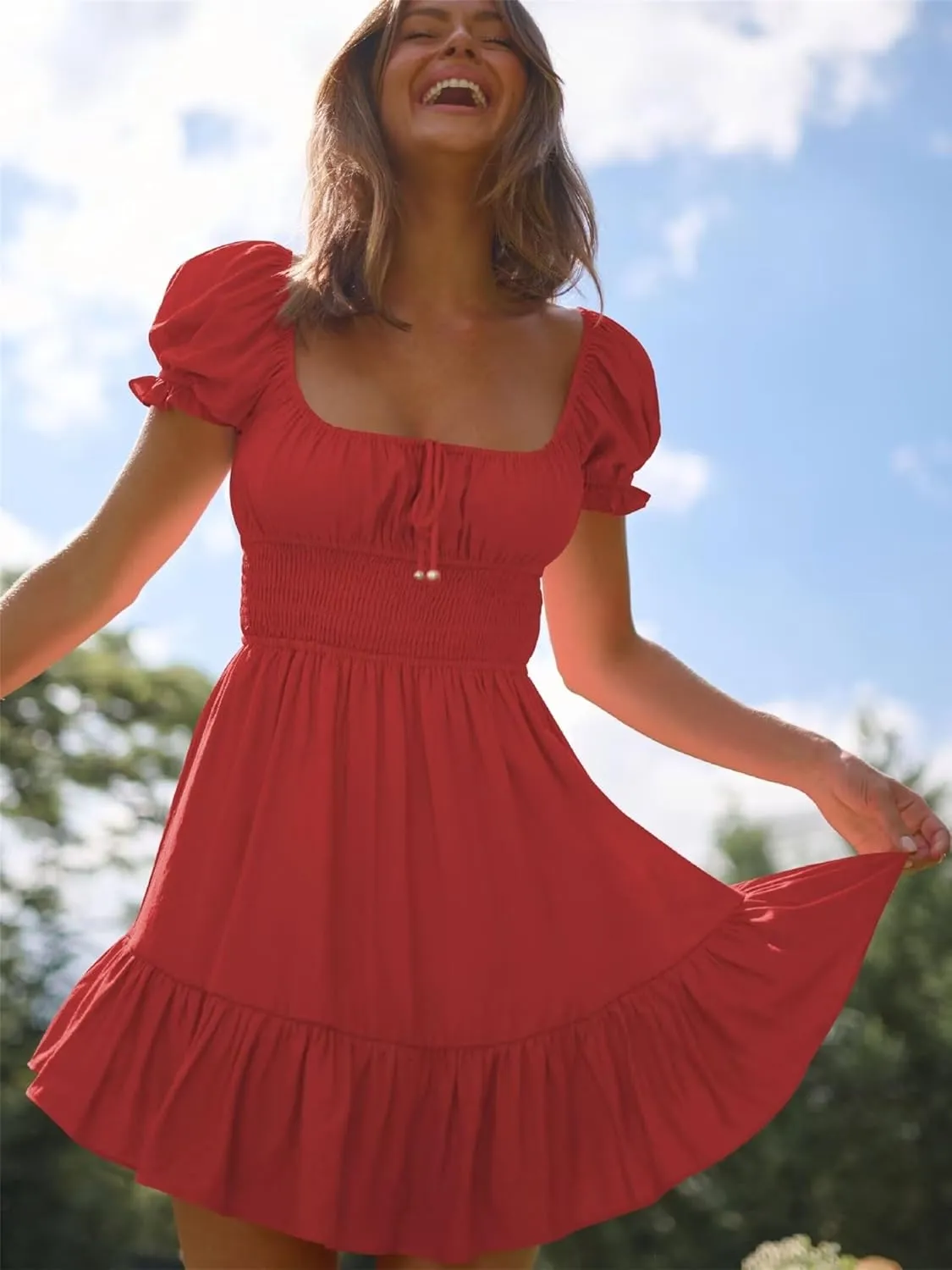 Womens Summer Vaction Travel Dress Square Neck Ruffle A Line Swing Mini Dress Puff Sleeve Tie Waist Short Dresses