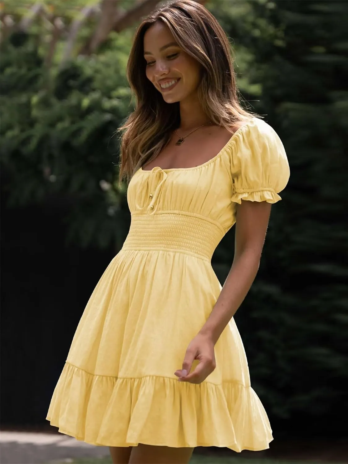 Womens Summer Vaction Travel Dress Square Neck Ruffle A Line Swing Mini Dress Puff Sleeve Tie Waist Short Dresses