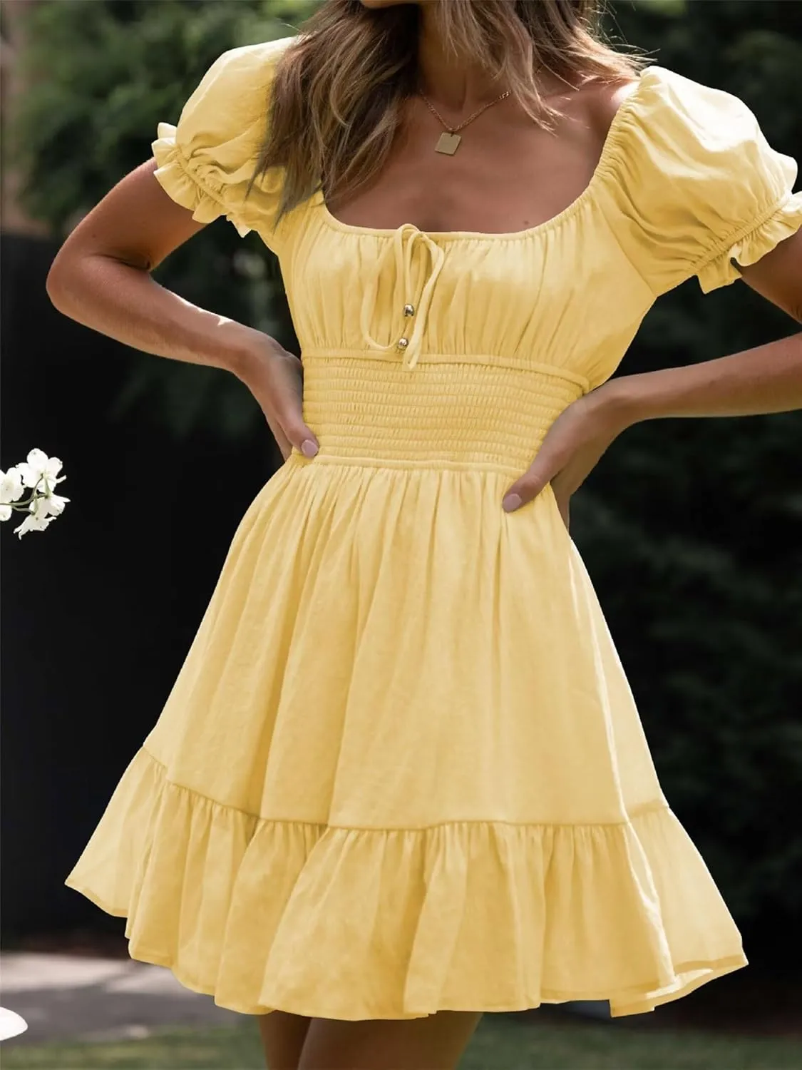 Womens Summer Vaction Travel Dress Square Neck Ruffle A Line Swing Mini Dress Puff Sleeve Tie Waist Short Dresses