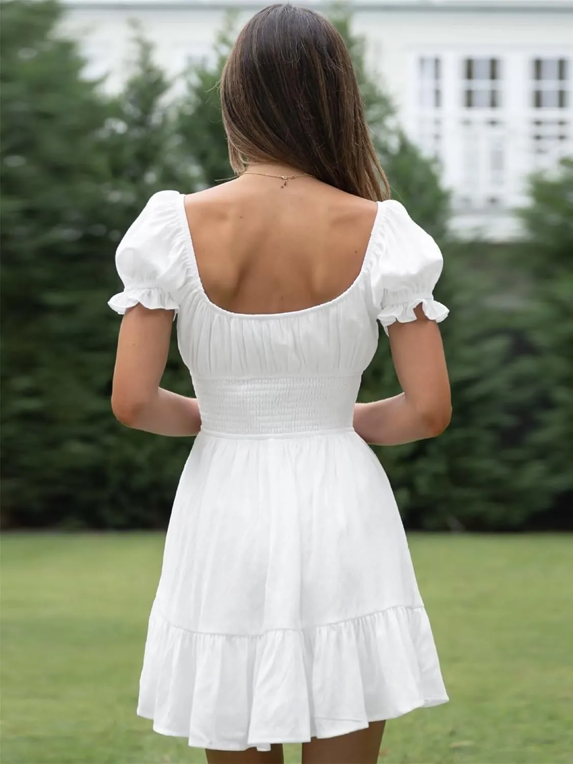 Womens Summer Vaction Travel Dress Square Neck Ruffle A Line Swing Mini Dress Puff Sleeve Tie Waist Short Dresses