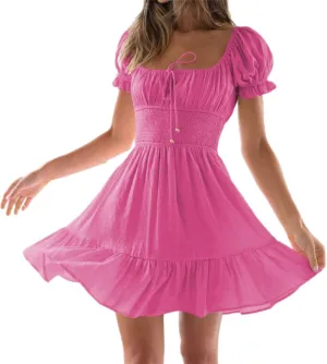Womens Summer Vaction Travel Dress Square Neck Ruffle A Line Swing Mini Dress Puff Sleeve Tie Waist Short Dresses