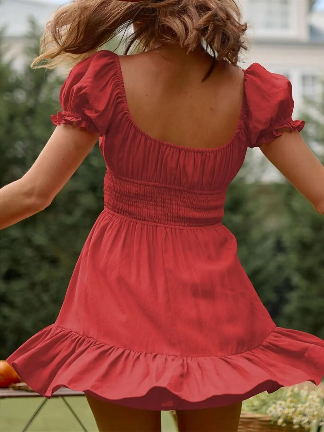 Womens Summer Vaction Travel Dress Square Neck Ruffle A Line Swing Mini Dress Puff Sleeve Tie Waist Short Dresses