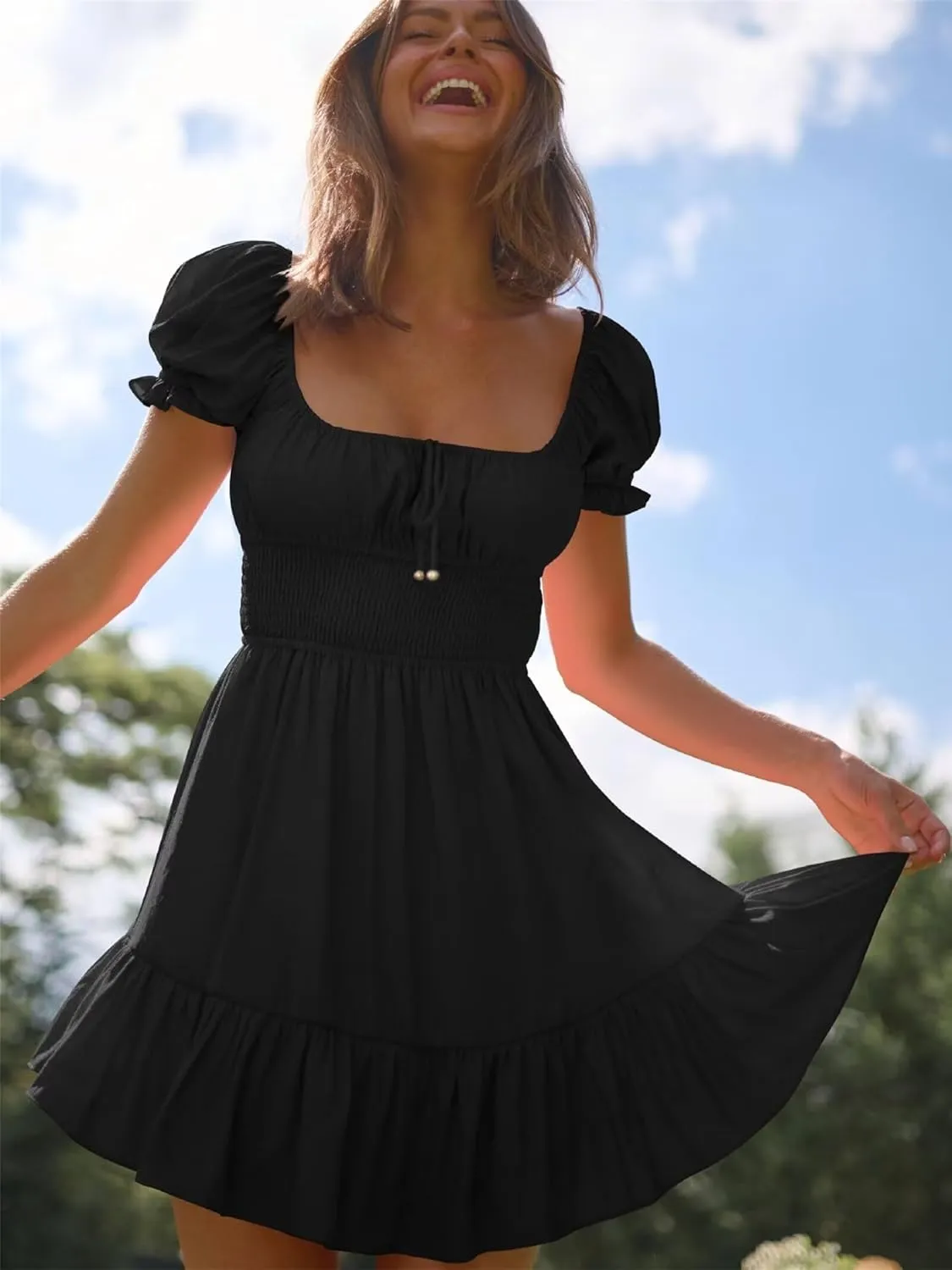 Womens Summer Vaction Travel Dress Square Neck Ruffle A Line Swing Mini Dress Puff Sleeve Tie Waist Short Dresses
