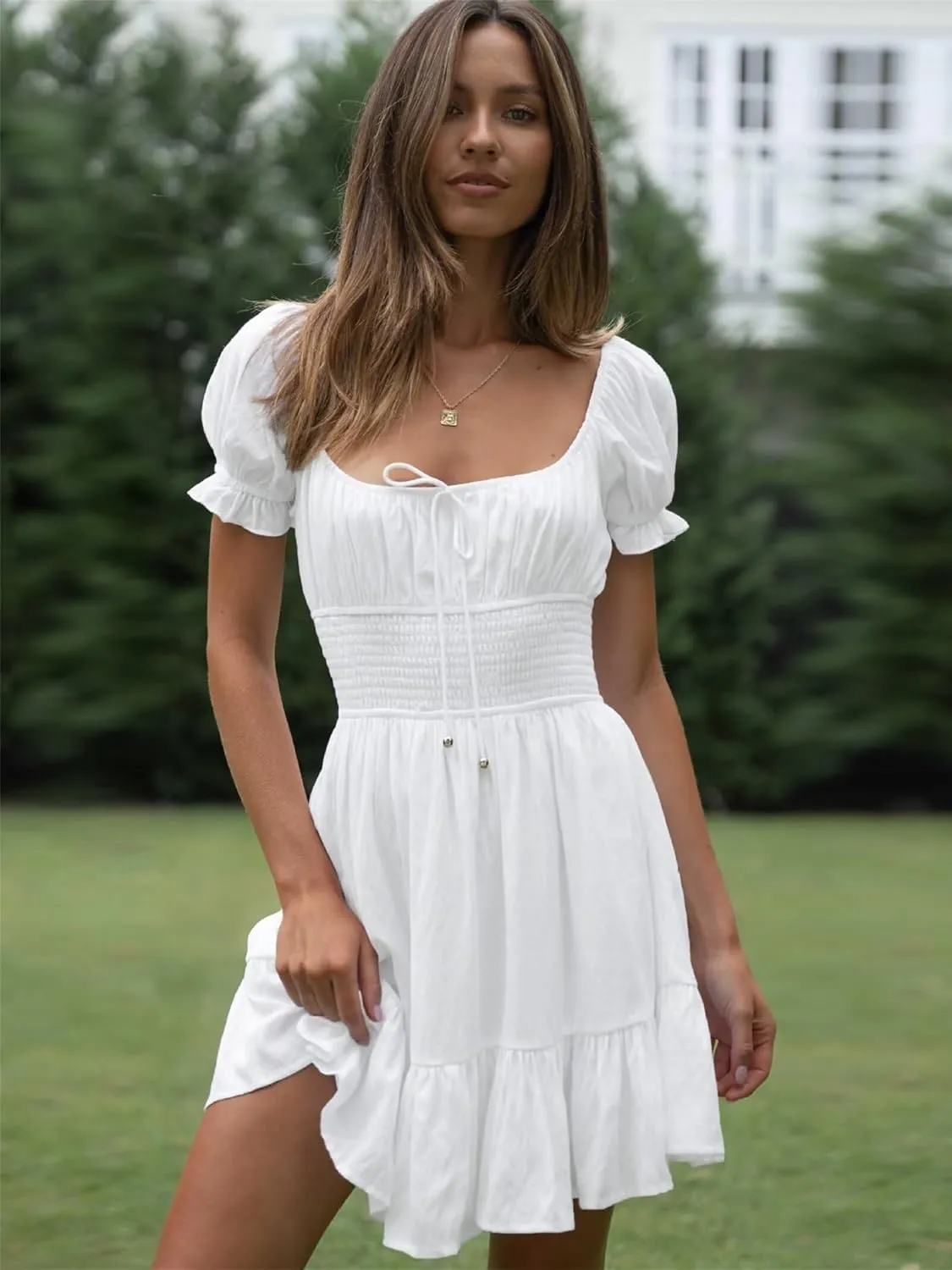 Womens Summer Vaction Travel Dress Square Neck Ruffle A Line Swing Mini Dress Puff Sleeve Tie Waist Short Dresses