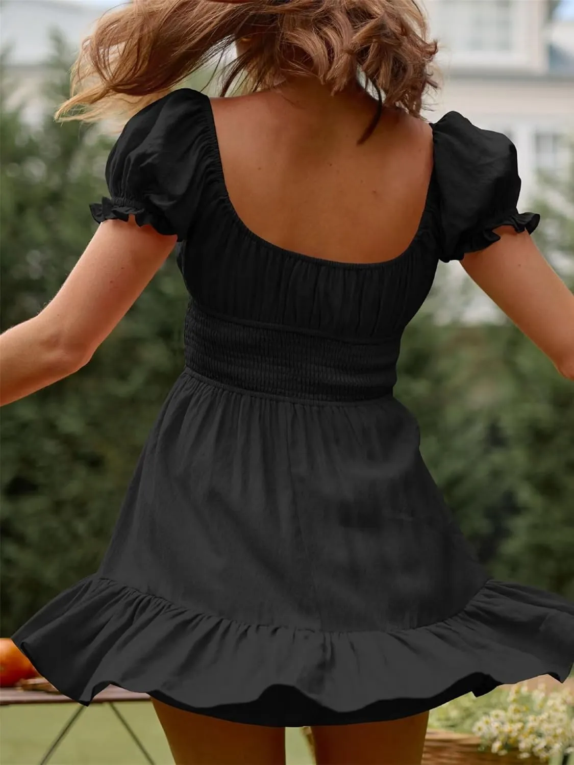 Womens Summer Vaction Travel Dress Square Neck Ruffle A Line Swing Mini Dress Puff Sleeve Tie Waist Short Dresses