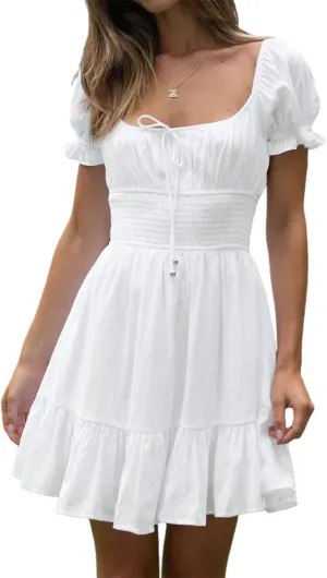 Womens Summer Vaction Travel Dress Square Neck Ruffle A Line Swing Mini Dress Puff Sleeve Tie Waist Short Dresses