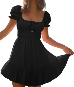 Womens Summer Vaction Travel Dress Square Neck Ruffle A Line Swing Mini Dress Puff Sleeve Tie Waist Short Dresses