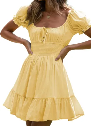 Womens Summer Vaction Travel Dress Square Neck Ruffle A Line Swing Mini Dress Puff Sleeve Tie Waist Short Dresses