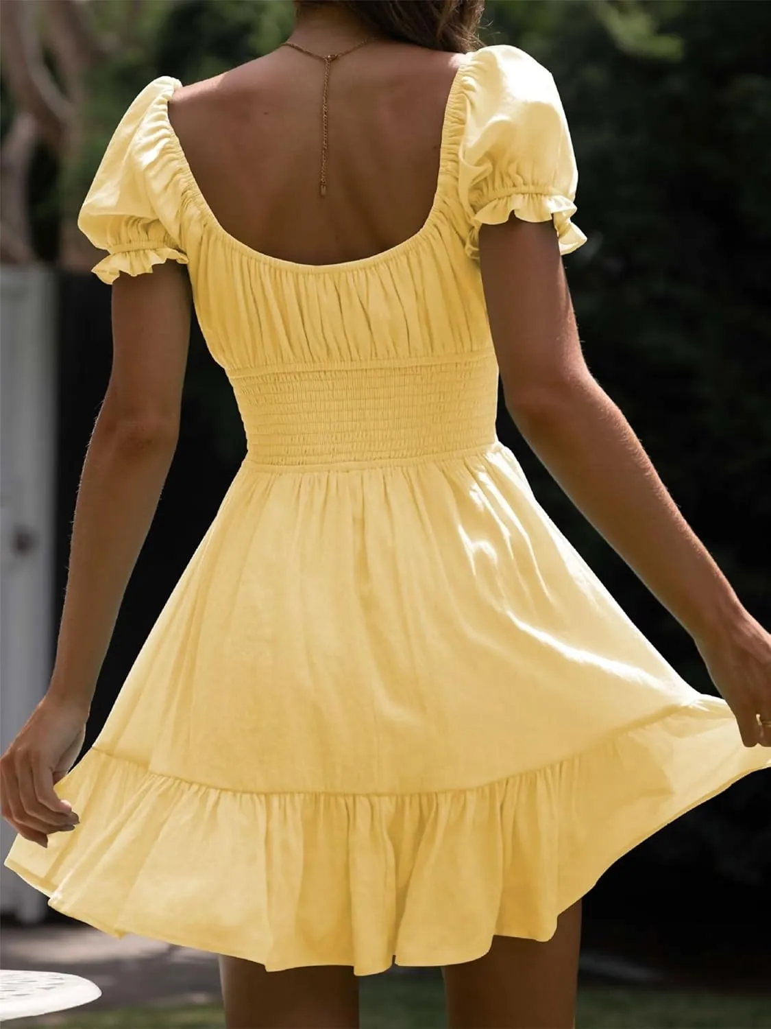 Womens Summer Vaction Travel Dress Square Neck Ruffle A Line Swing Mini Dress Puff Sleeve Tie Waist Short Dresses
