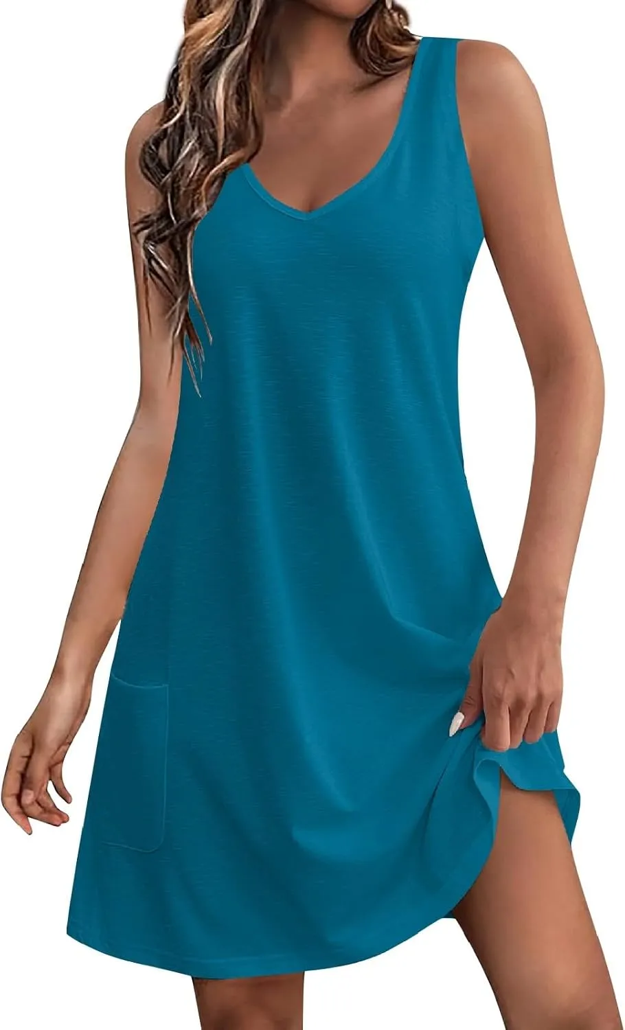 Women's Sundresses 2024 Casual Beach Tank Dress Flared V Neck Sleeveless Mini Dress with Pockets
