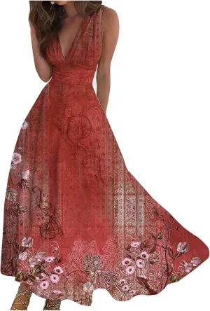 Women's Sundresses 2025 V-Neck Floral Print Sleeveless Casual Swing High Waist Long Maxi Dress, S-3XL