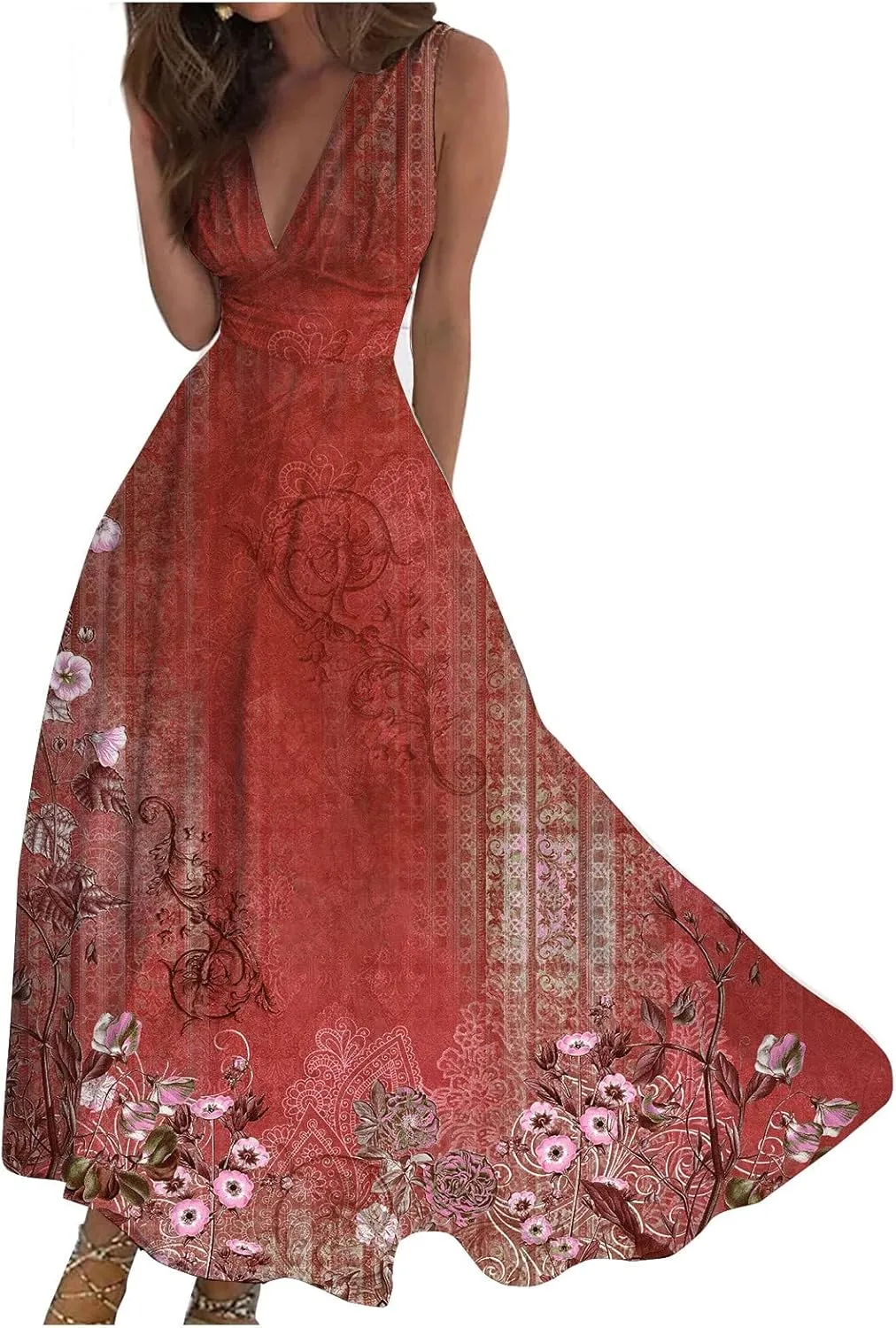 Women's Sundresses 2025 V-Neck Floral Print Sleeveless Casual Swing High Waist Long Maxi Dress, S-3XL